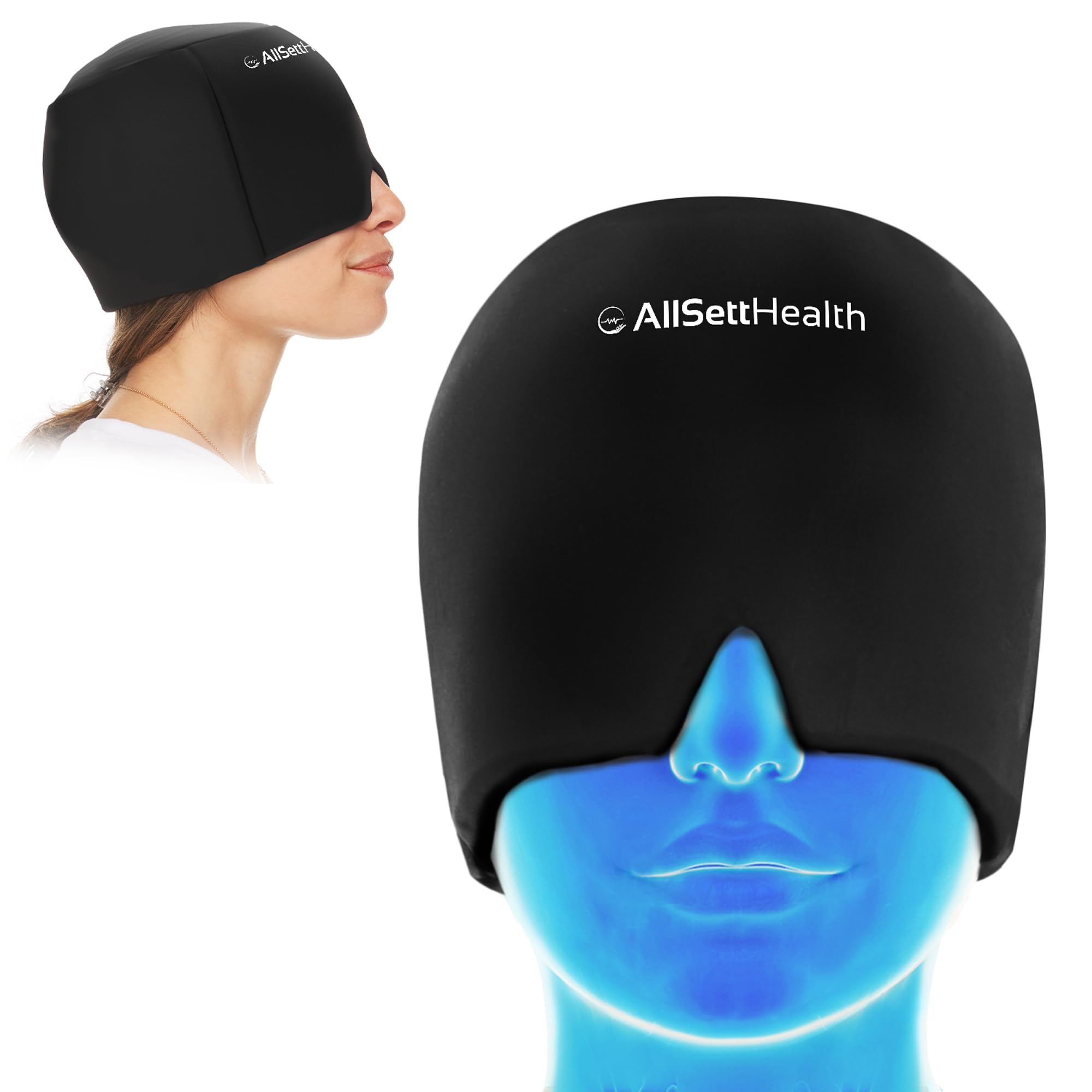 Migraine Relief Cap Ice Head Wrap and Hat | Hot/Cold Gel Pack with Face and Eye Mask Compress for Headache Relief – Black
