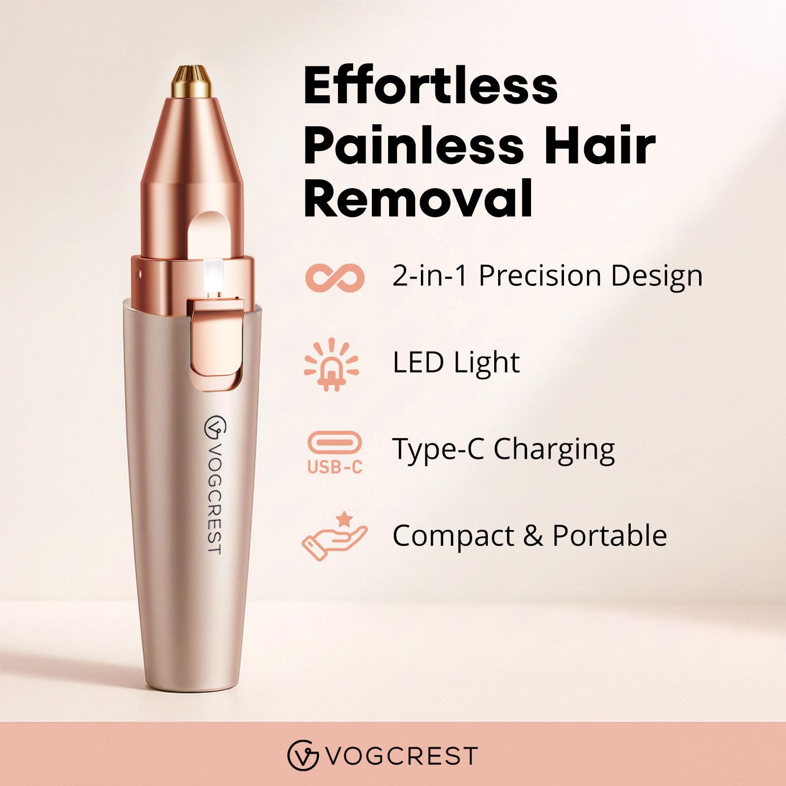 VG VOGCREST Eyebrow & Facial Trimmer: 2 in1 Rechargeable Facial Hair Removal & Eyebrow Shaver - Body Razor with Built-in LED Light (Rose Gold) - Image 2