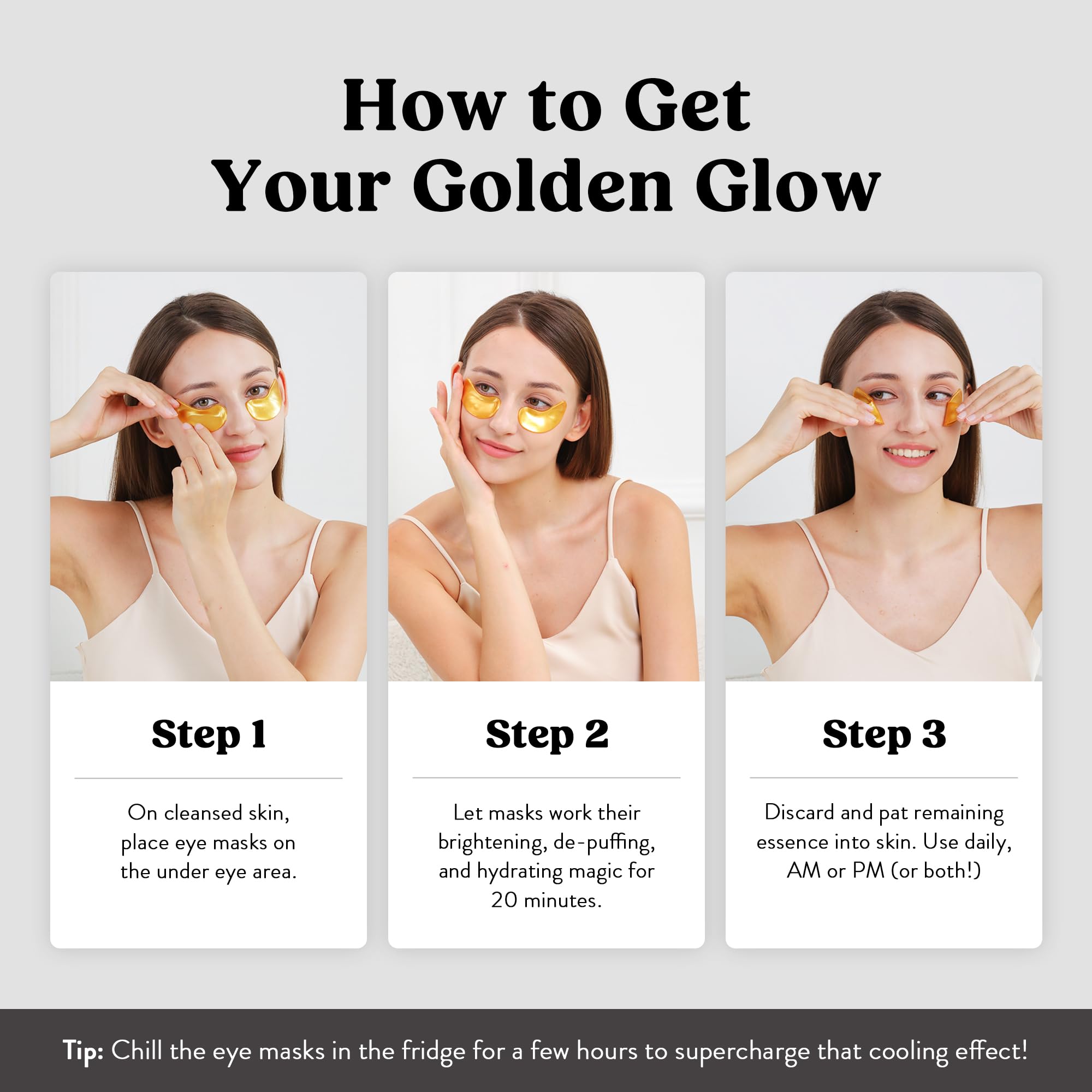 DERMORA Golden Glow Under Eye Patches - 100 Pairs Individually Packed, Hydrating Soft Gel Eye Masks for Puffiness, Wrinkles, Dark Circles & Fine Lines, Glowing Skin, Travel Friendly - Image 9