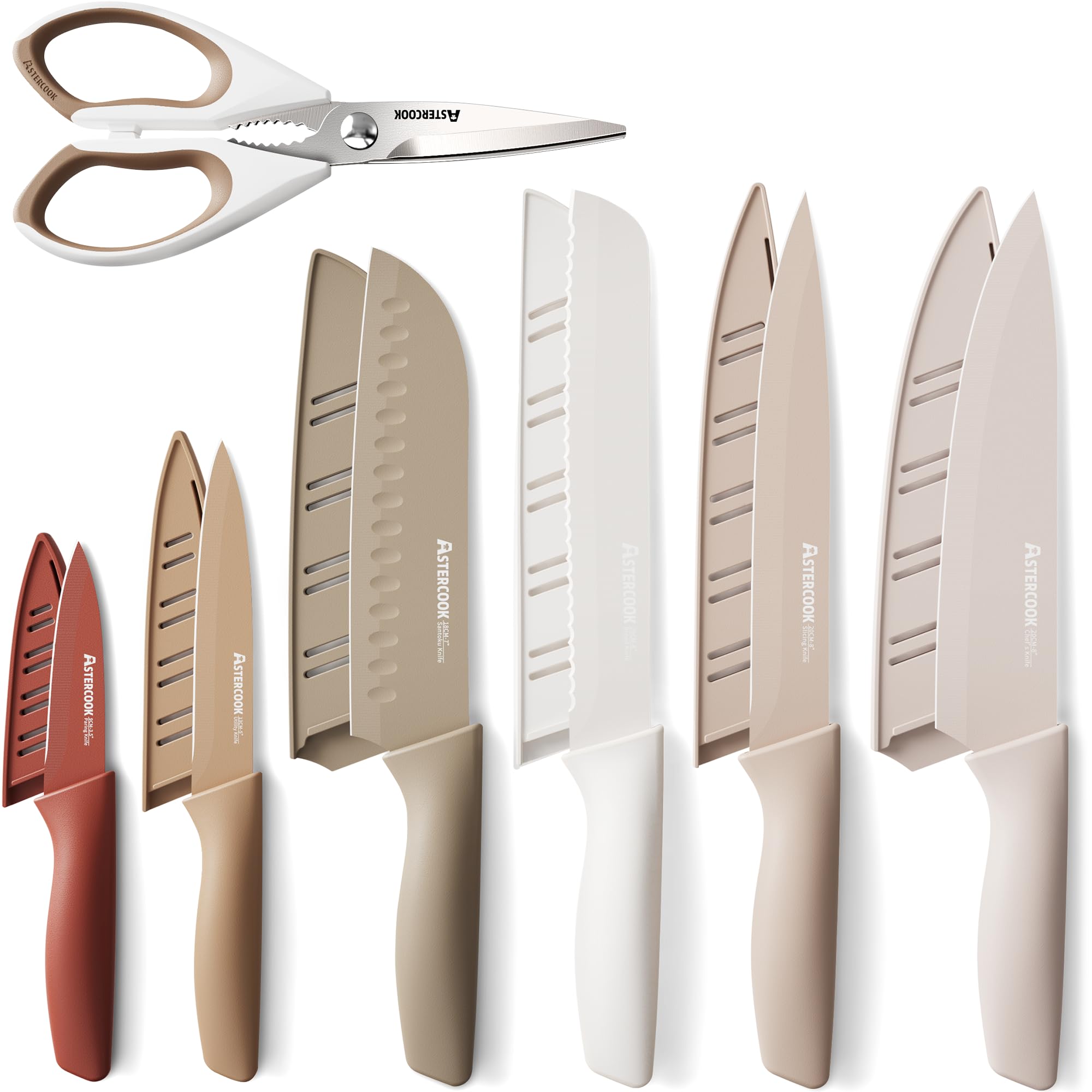 Astercook Knife Set, 13 Pieces Kitchen Knives Set with Healthy Anti-Rust Coating, Dishwasher Safe, Stainless Steel Chef Knife Sets with 6 Blade Guards, Fathers Day Gift for Men