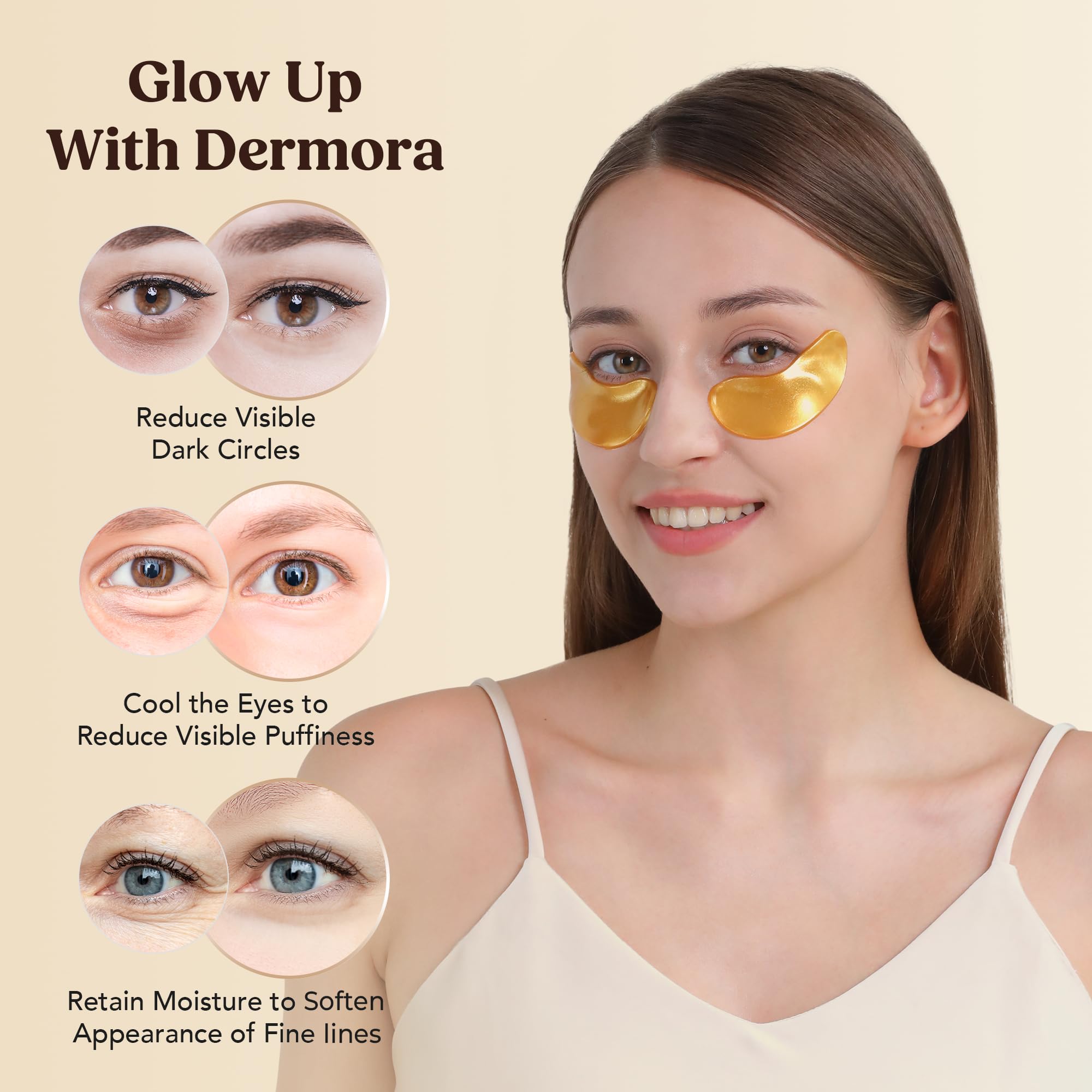 DERMORA Golden Glow Under Eye Patches - 100 Pairs Individually Packed, Hydrating Soft Gel Eye Masks for Puffiness, Wrinkles, Dark Circles & Fine Lines, Glowing Skin, Travel Friendly - Image 3