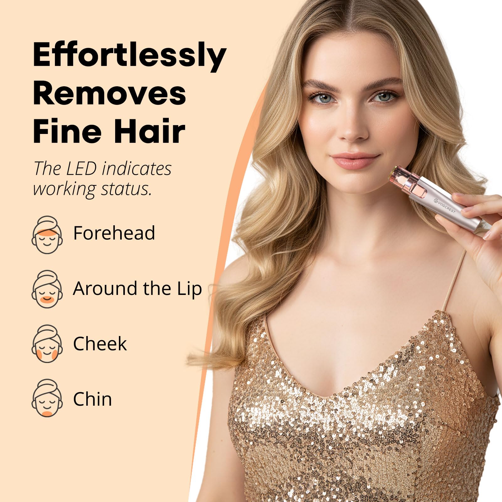 VG VOGCREST Eyebrow & Facial Trimmer: 2 in1 Rechargeable Facial Hair Removal & Eyebrow Shaver - Body Razor with Built-in LED Light (Rose Gold) - Image 3