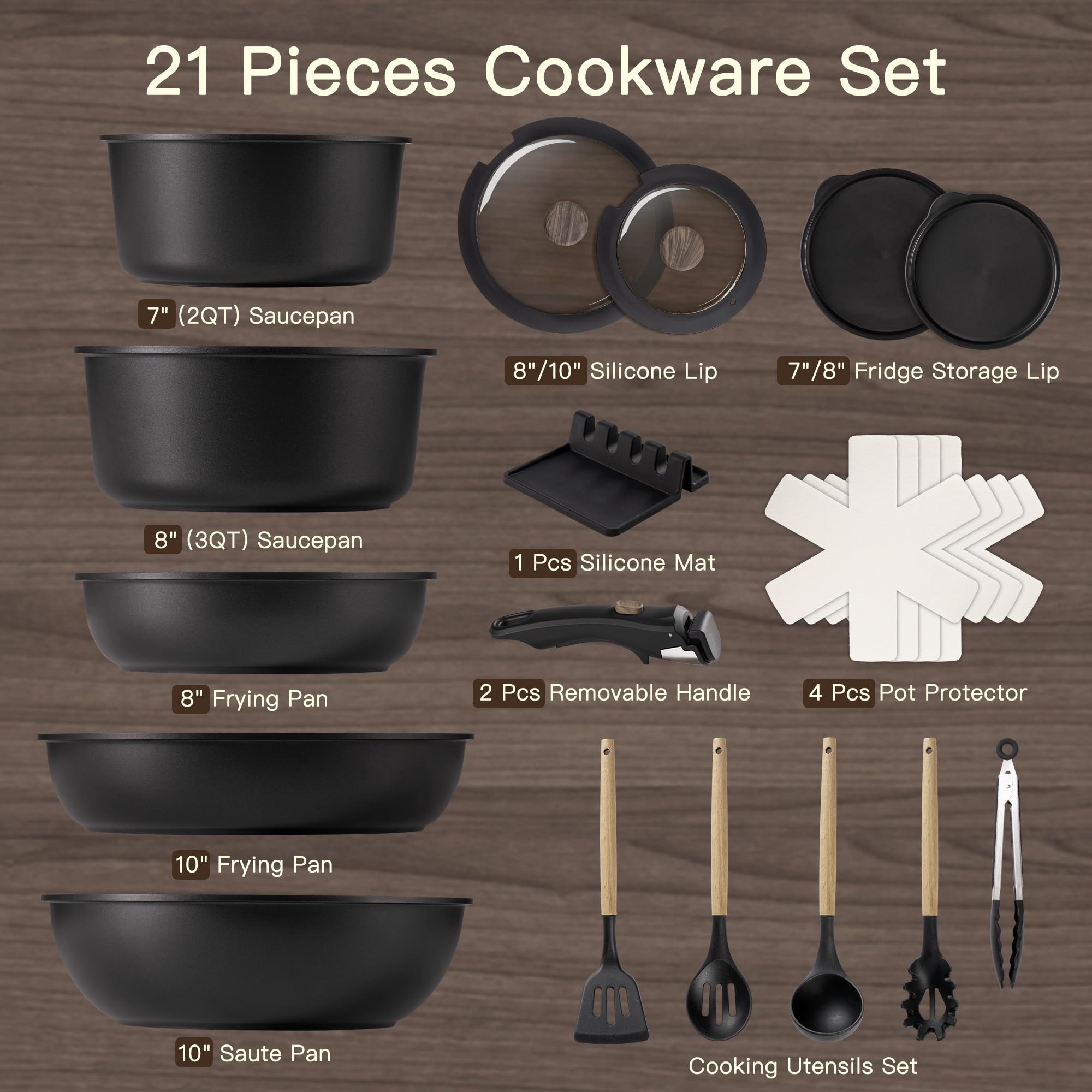 Astercook 21 Pcs Pots and Pans Set Non Stick, Ceramic Cookware Set Detachable Handle, RV Kitchen Cooking Set Removable Handles, Oven Safe, Induction Ready, Stackable, Black, Fathers Day Gift for Men - Image 9