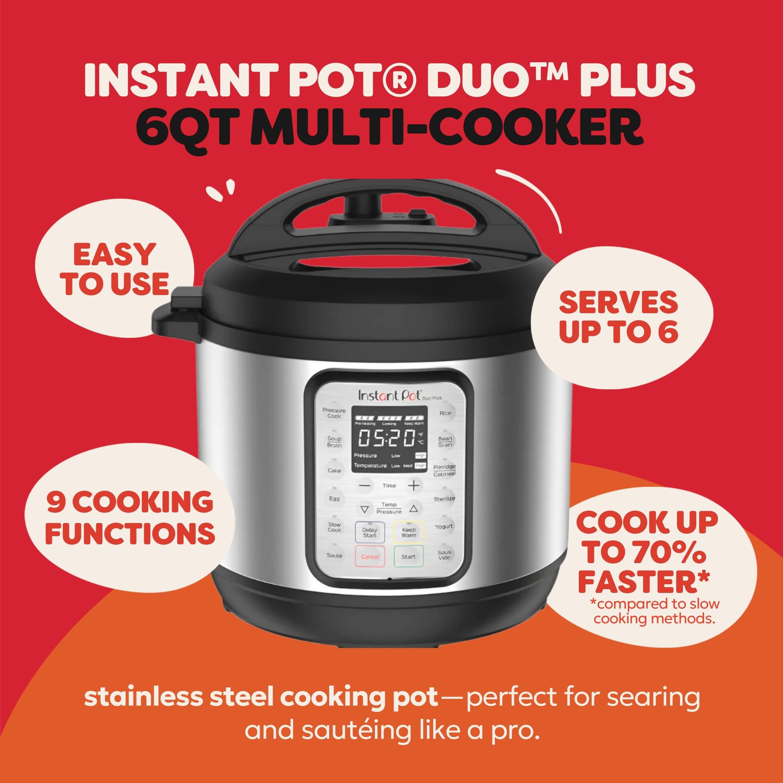 Instant Pot Duo Plus 9-in-1 Multicooker, Pressure Cooker, Slow Cook, Rice Maker, Steamer, Sauté, Yogurt, Warmer & Sterilizer, Includes App with Over 800 Recipes, Stainless Steel, 6 Quarts - Image 3