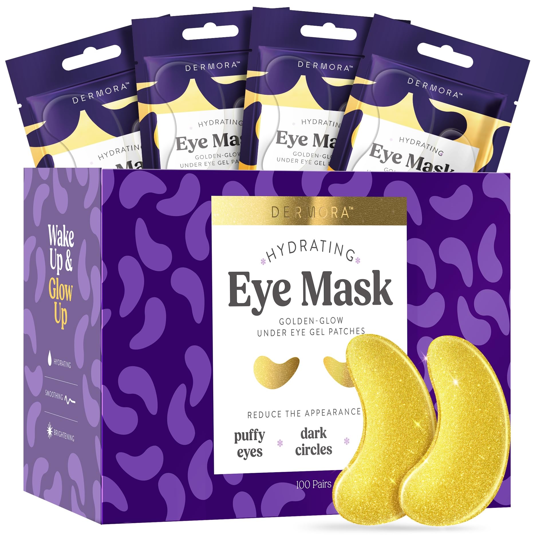 DERMORA Golden Glow Under Eye Patches – 100 Pairs Individually Packed, Hydrating Soft Gel Eye Masks for Puffiness, Wrinkles, Dark Circles & Fine Lines, Glowing Skin, Travel Friendly