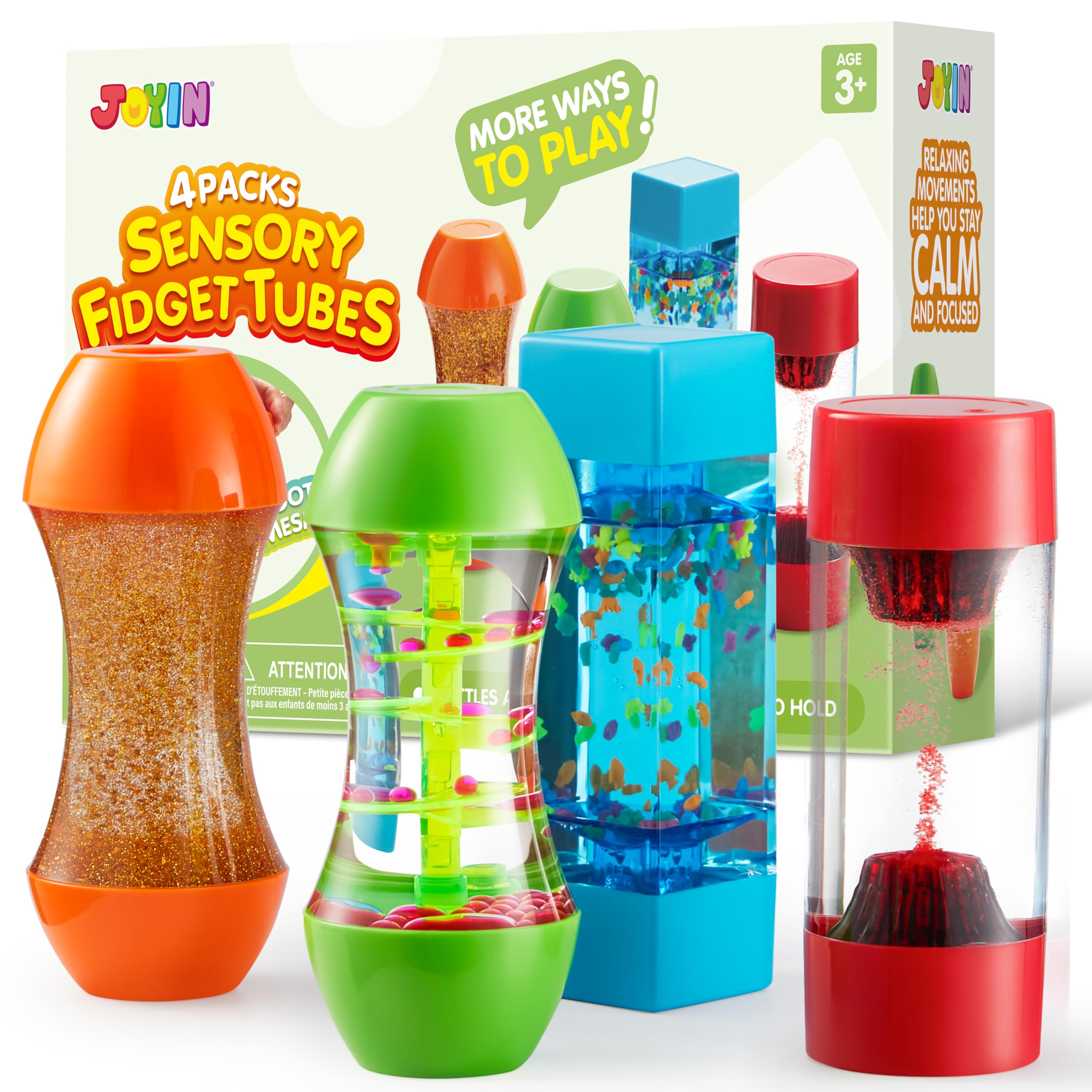 JOYIN 4-Pack Fidget Tubes for Kids, Sensory Tubes, Stress Relief Toy, Speech Therapy, Calming Toys for Children with Autism, Calm Down Corner Classroom Supplies, Back to School Gifts for Toddlers