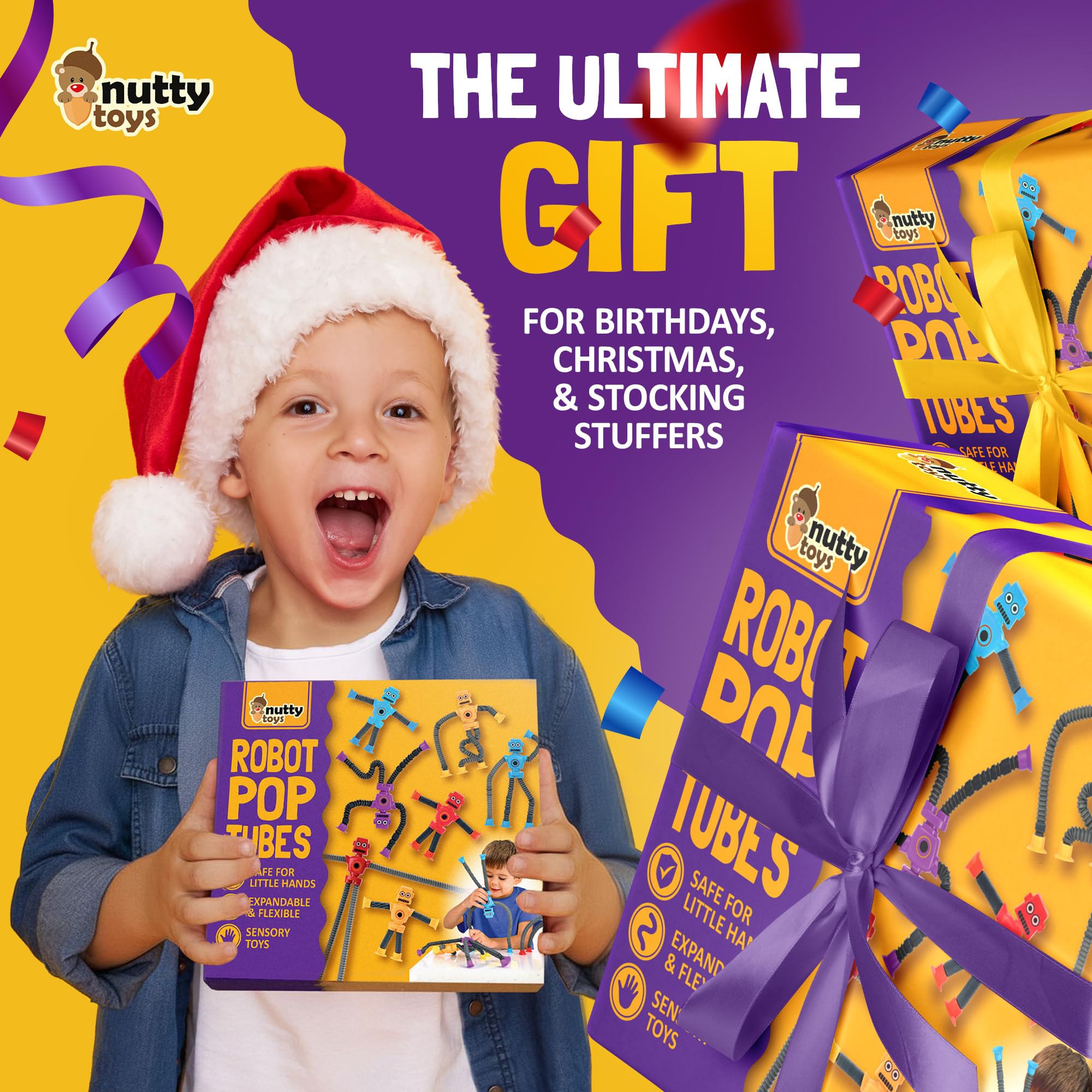 nutty toys Sensory Robot Toys 4pk - Top Pop Tubes Fidget 2026 for ADHD & Autism Ages 3 4 5 6 7 8 9 10 11 12, Best Kids Travel Idea, Unique Christmas Toddler & Tween Gift Idea & Boy Stocking Stuffers - Image 8