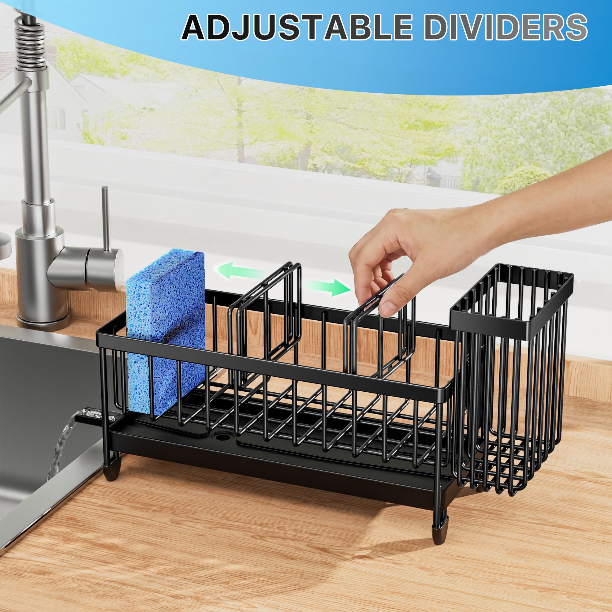 Cisily Sponge Holder for Kitchen Sink, Sink Caddy Organizer with High Brush Holder, Kitchen Countertop Organizers and Storage Essentials, Rustproof 304 Stainless Steel (Black, 9.25″) - Image 4