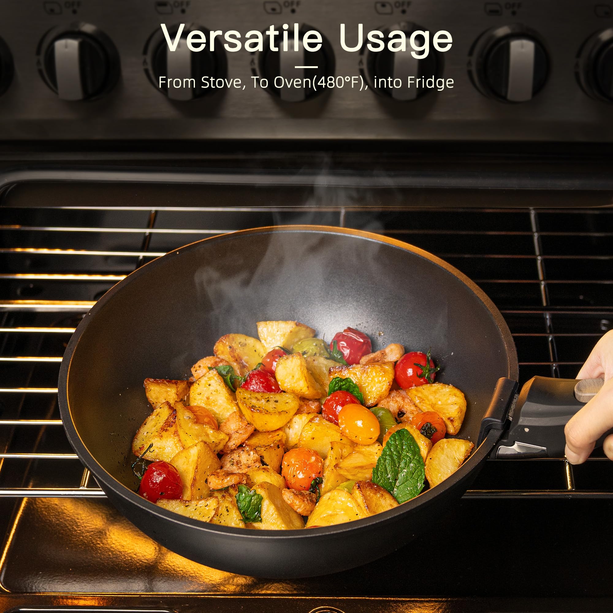 Astercook 21 Pcs Pots and Pans Set Non Stick, Ceramic Cookware Set Detachable Handle, RV Kitchen Cooking Set Removable Handles, Oven Safe, Induction Ready, Stackable, Black, Fathers Day Gift for Men - Image 6