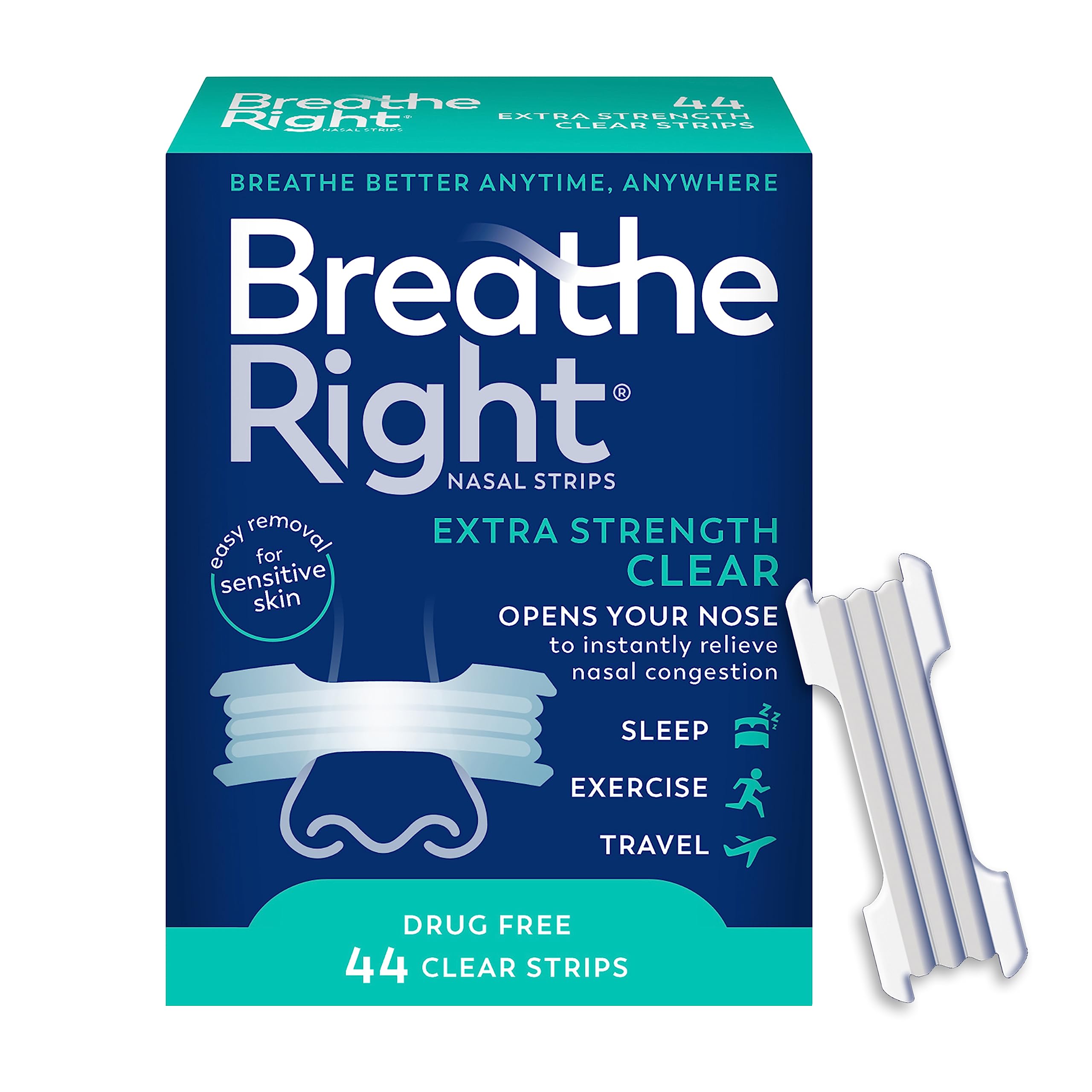 Breathe Right Nasal Strips, Extra Strength Clear Nose Strips, Drug Free Nasal Congestion Relief for Better Breathing, Help Relieve Snoring, Caused by Colds & Allergies, Deviated Septum, 44ct