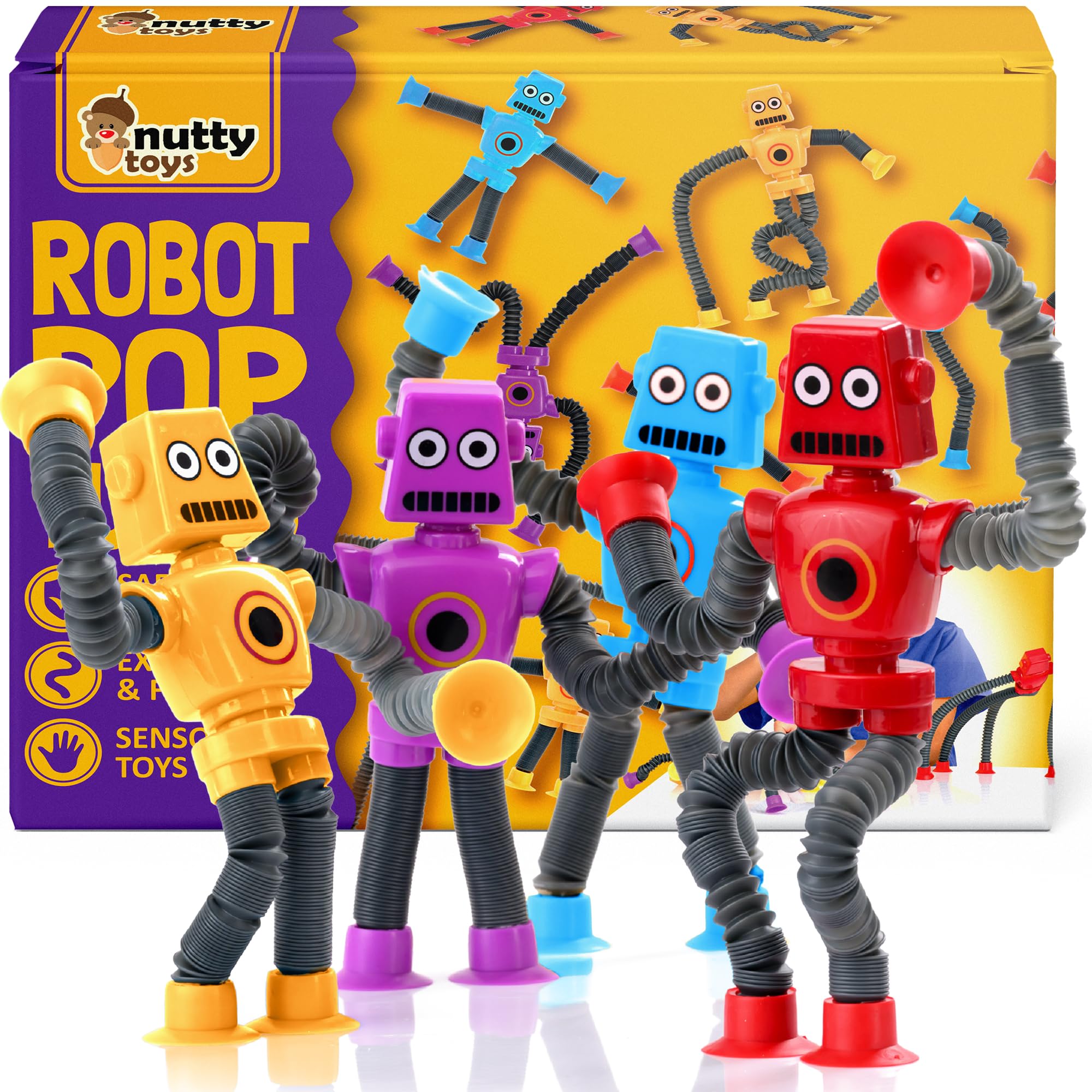 nutty toys Sensory Robot Toys 4pk – Top Pop Tubes Fidget 2026 for ADHD & Autism Ages 3 4 5 6 7 8 9 10 11 12, Best Kids Travel Idea, Unique Christmas Toddler & Tween Gift Idea & Boy Stocking Stuffers