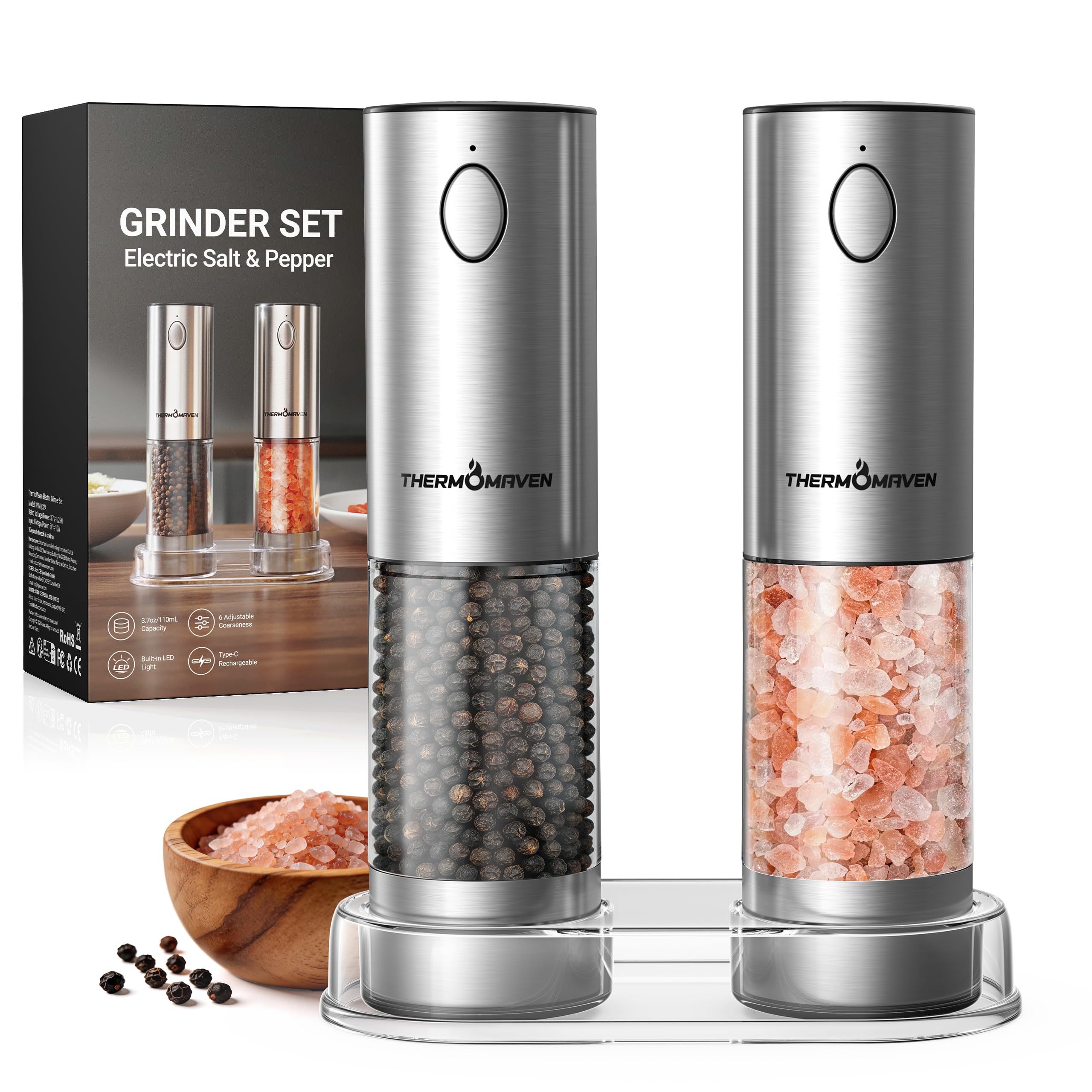 ThermoMaven Upgraded Larger Capacity Electric Salt and Pepper Grinder Set, 110ml Rechargeable Salt and Pepper Shaker with LED Light, Stainless Steel Automatic Pepper Mill with 6 Adjustable Coarseness
