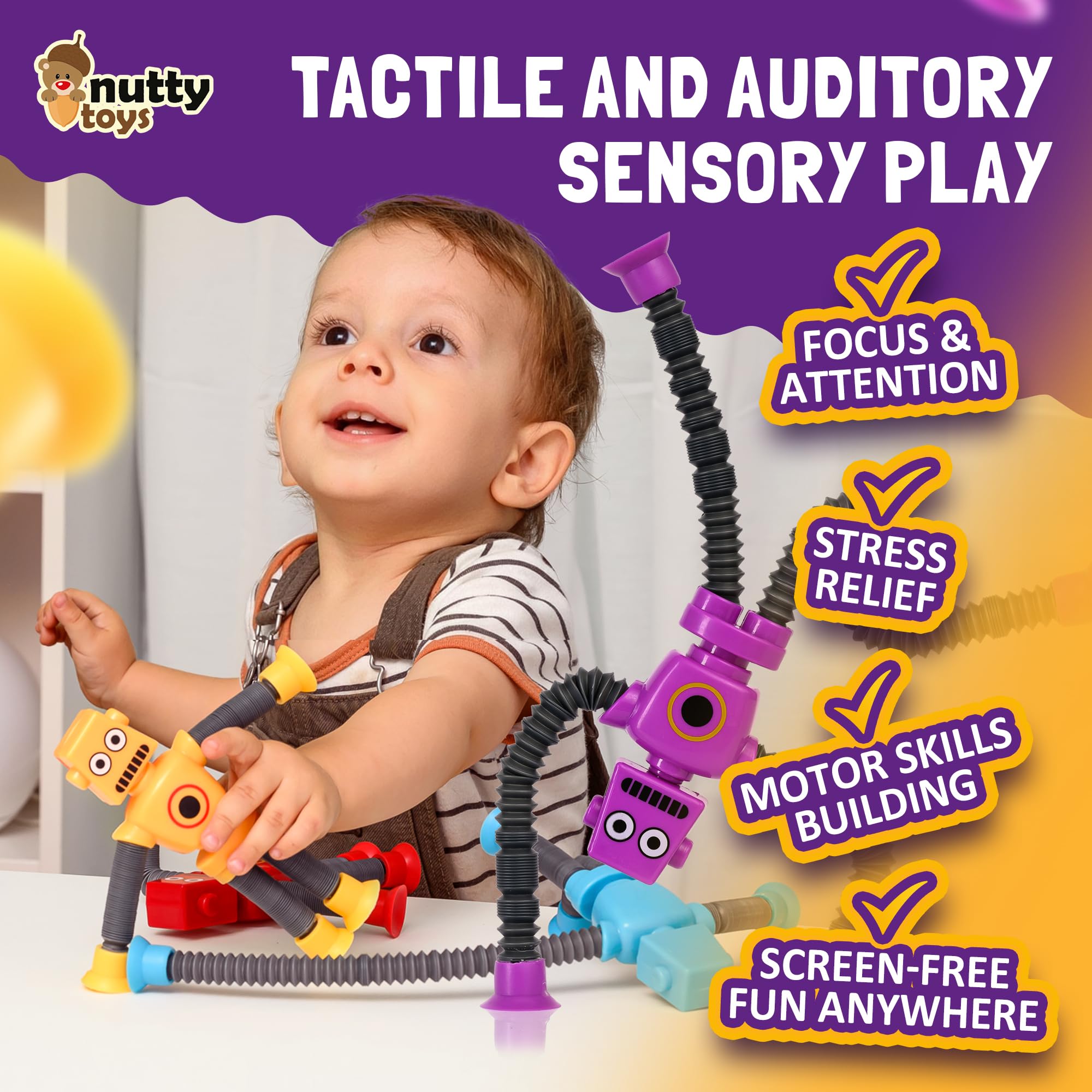 nutty toys Sensory Robot Toys 4pk - Top Pop Tubes Fidget 2026 for ADHD & Autism Ages 3 4 5 6 7 8 9 10 11 12, Best Kids Travel Idea, Unique Christmas Toddler & Tween Gift Idea & Boy Stocking Stuffers - Image 3
