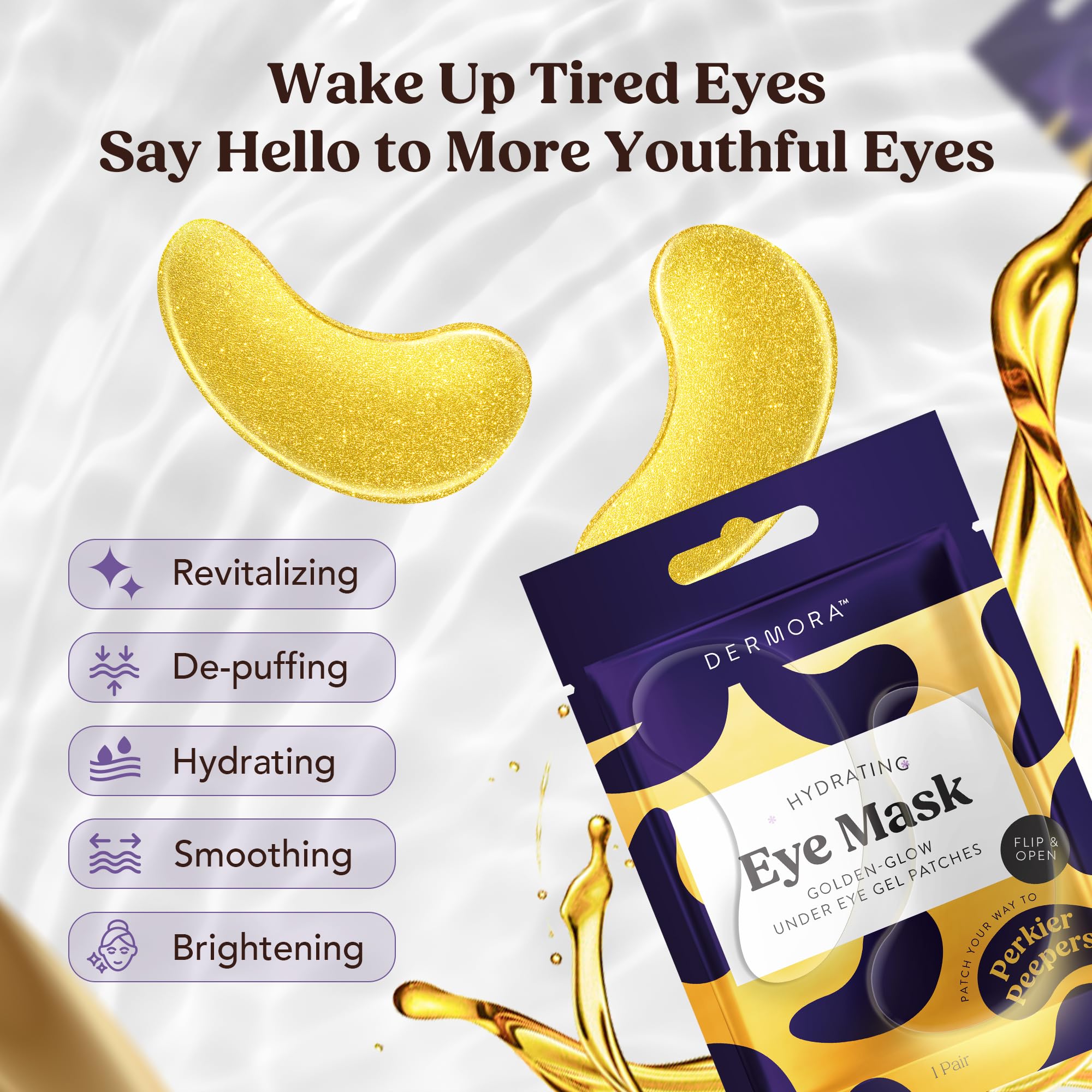 DERMORA Golden Glow Under Eye Patches - 100 Pairs Individually Packed, Hydrating Soft Gel Eye Masks for Puffiness, Wrinkles, Dark Circles & Fine Lines, Glowing Skin, Travel Friendly - Image 4