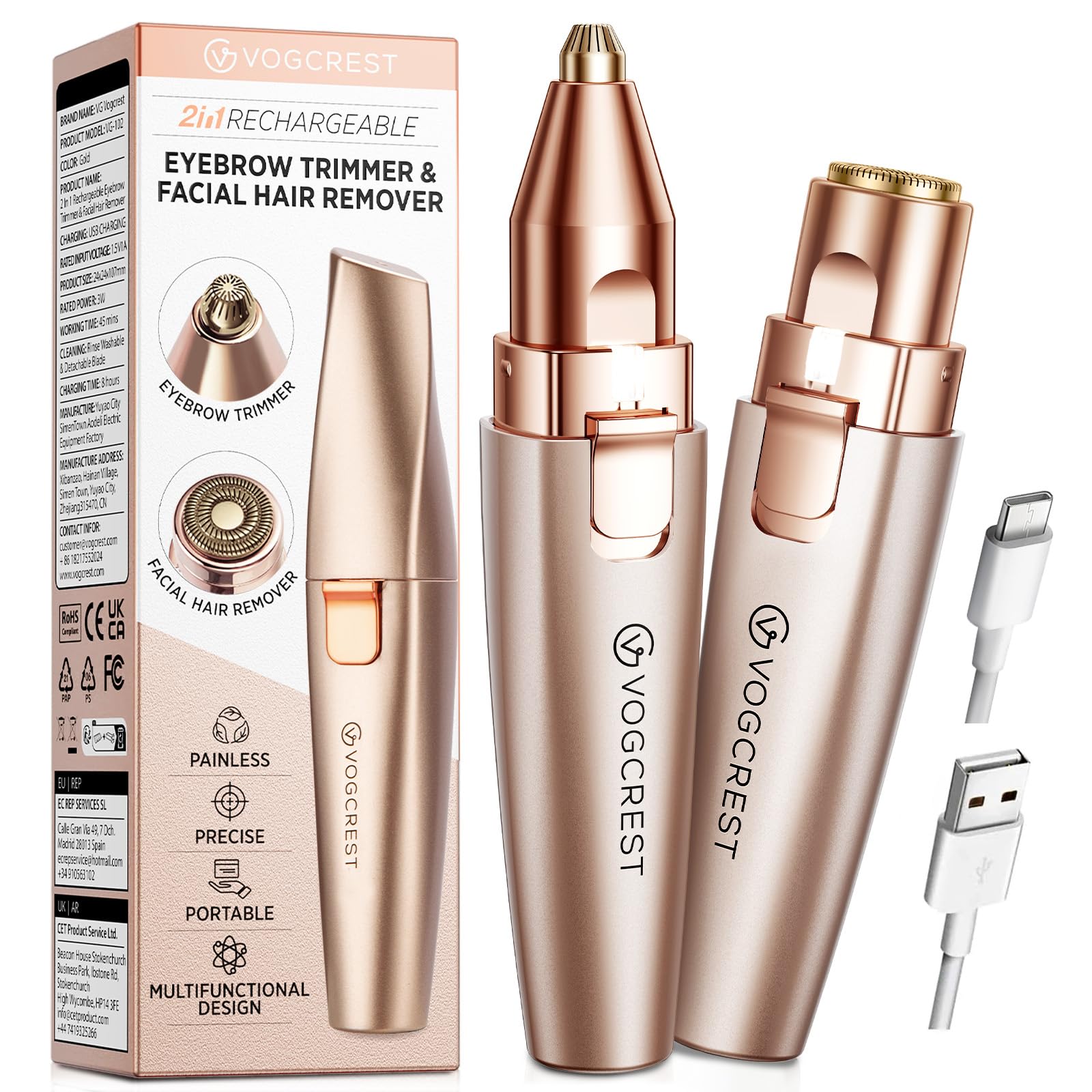 VG VOGCREST Eyebrow & Facial Trimmer: 2 in1 Rechargeable Facial Hair Removal & Eyebrow Shaver – Body Razor with Built-in LED Light (Rose Gold)
