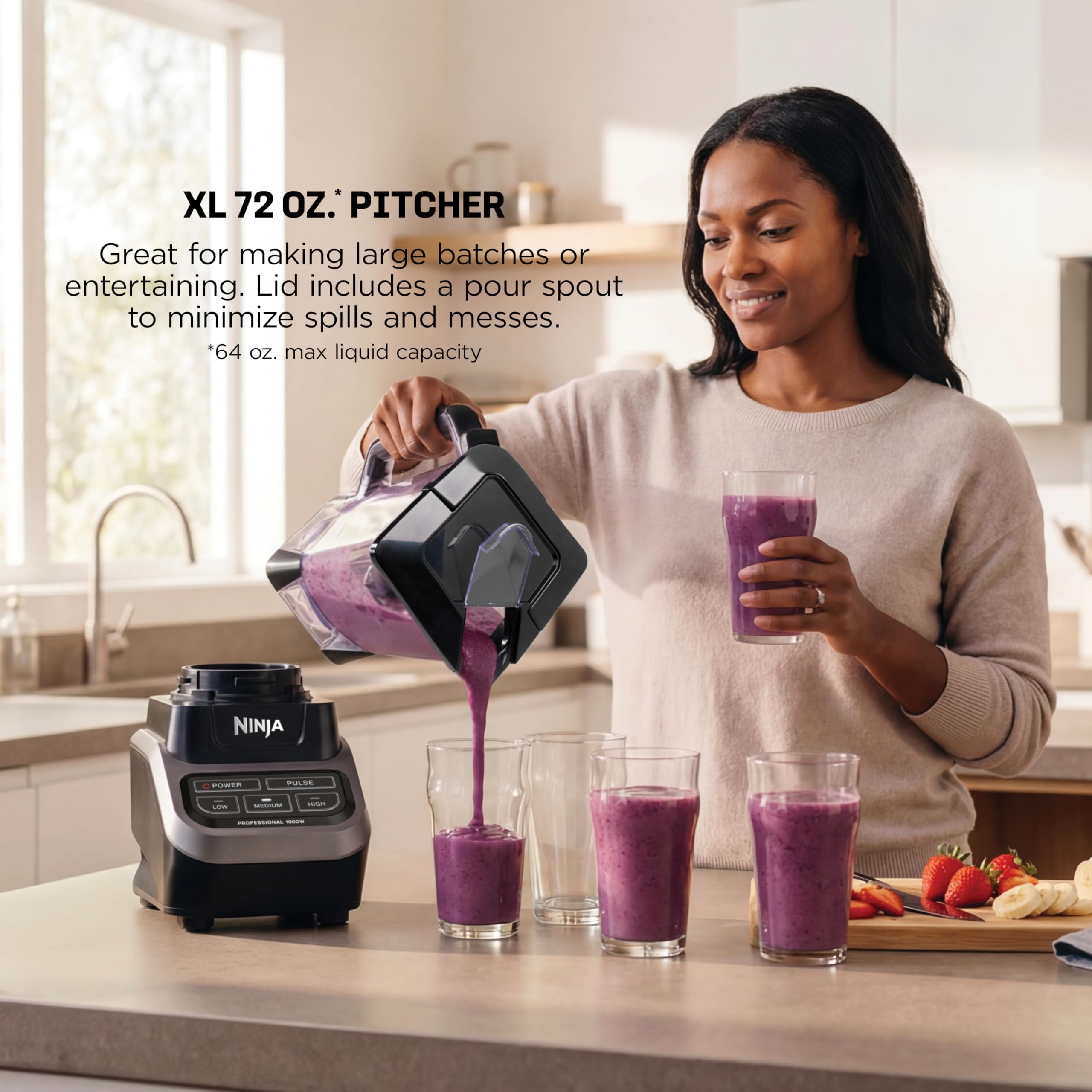 Ninja Professional Blender | Smoothie Blending, Drink Mixer, Grinder, Ice Crusher, Frozen Fruit Blending | 1000W Power, Total Crushing Technology, XL 72-oz. Pitcher | Black & Grey | BL610 - Image 4