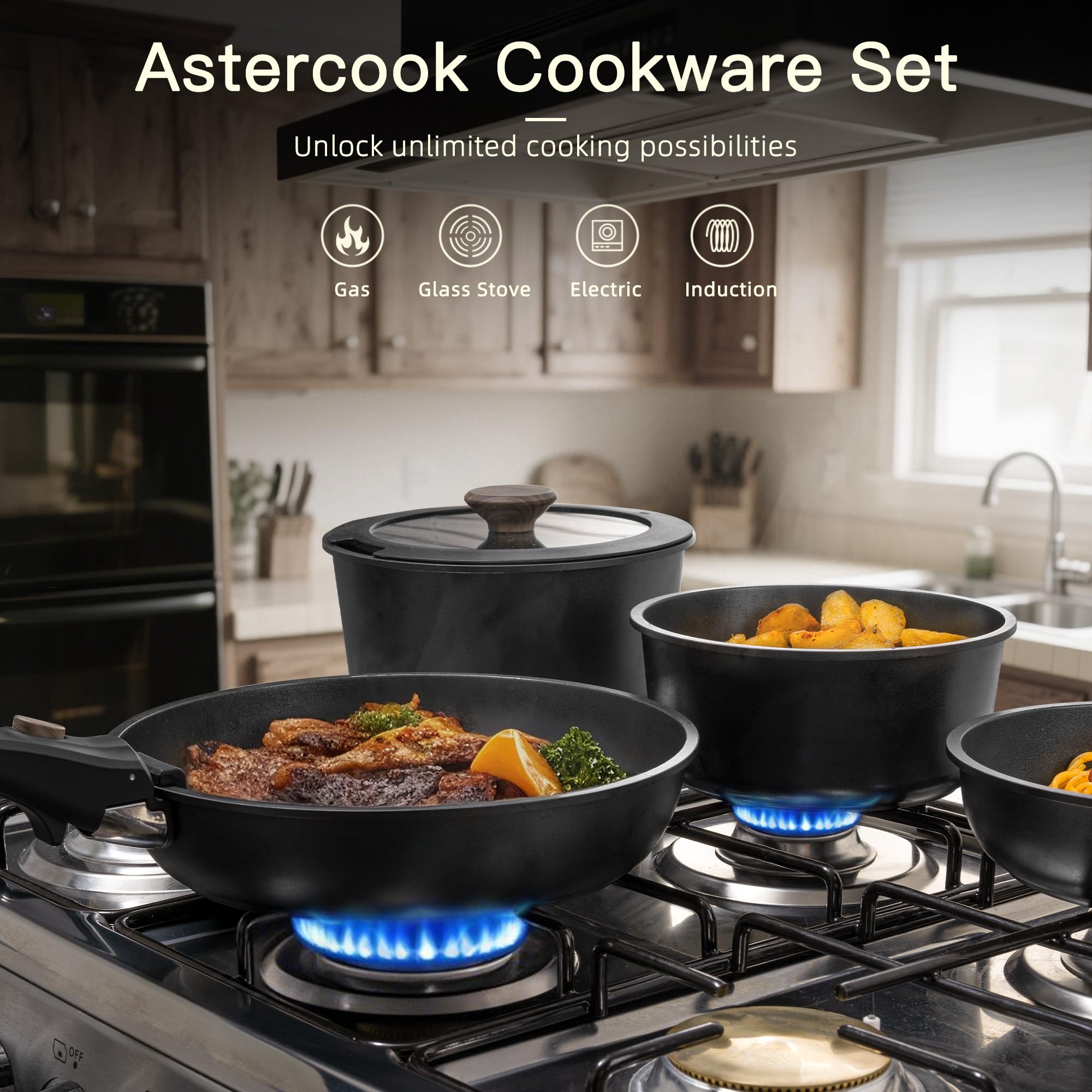 Astercook 21 Pcs Pots and Pans Set Non Stick, Ceramic Cookware Set Detachable Handle, RV Kitchen Cooking Set Removable Handles, Oven Safe, Induction Ready, Stackable, Black, Fathers Day Gift for Men - Image 2