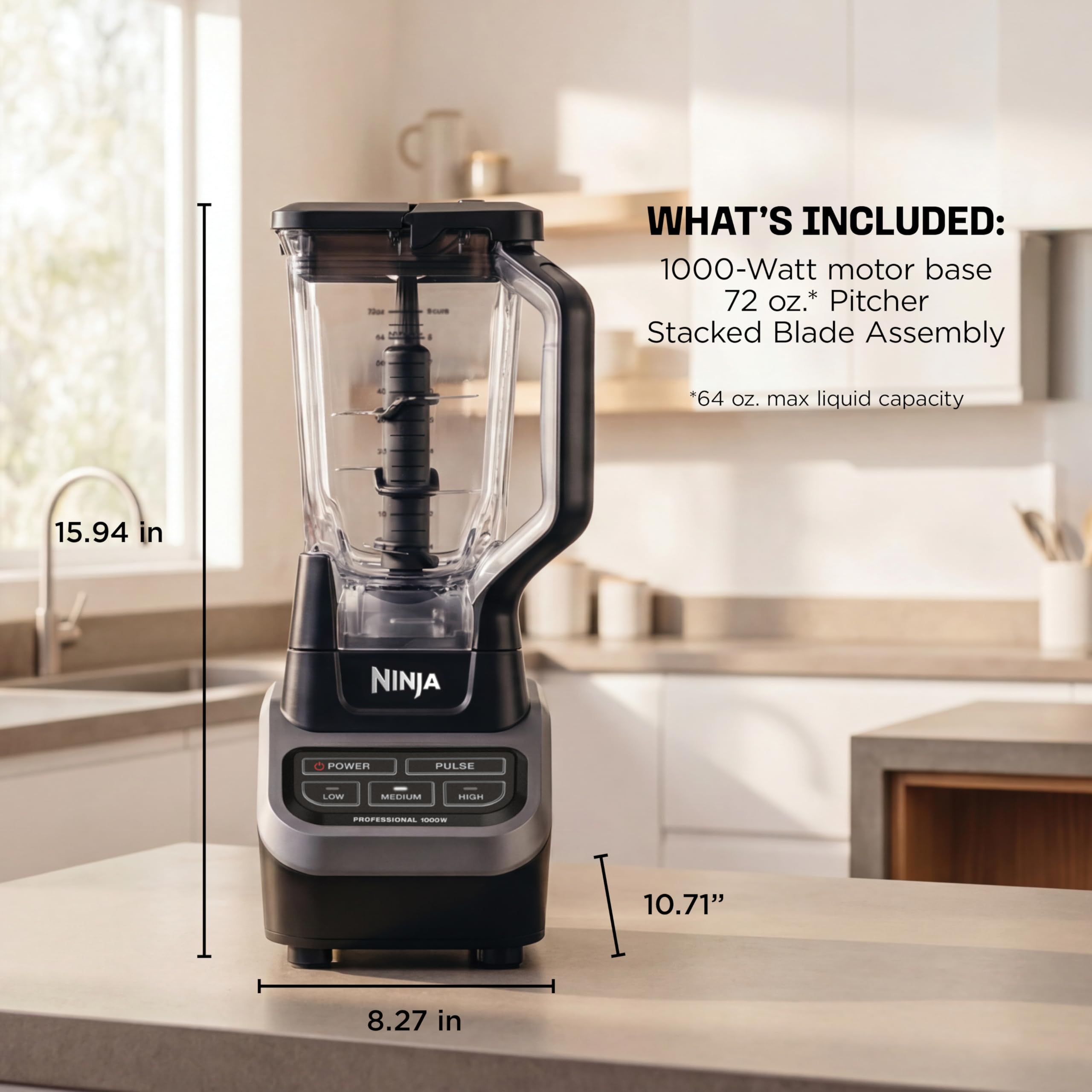 Ninja Professional Blender | Smoothie Blending, Drink Mixer, Grinder, Ice Crusher, Frozen Fruit Blending | 1000W Power, Total Crushing Technology, XL 72-oz. Pitcher | Black & Grey | BL610 - Image 8